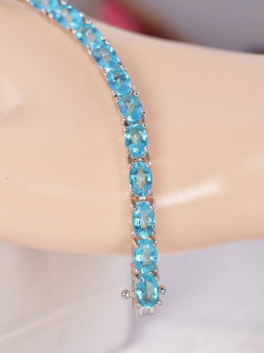 Natural Paraiba Topaz Tennis Bracelet Real Solid 925, 7"